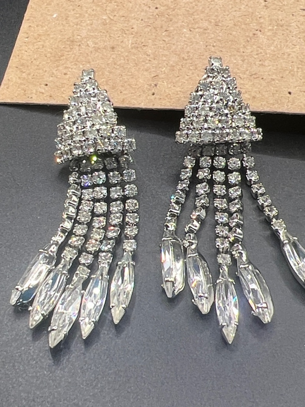 Vintage Clear Crystal Tassel Earrings - Silver